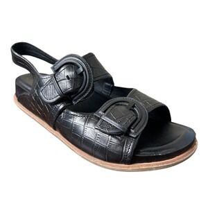 Sofft Sandals 10 Adalia‎ Black Croc Embossed Leather Double Buckle Slingback